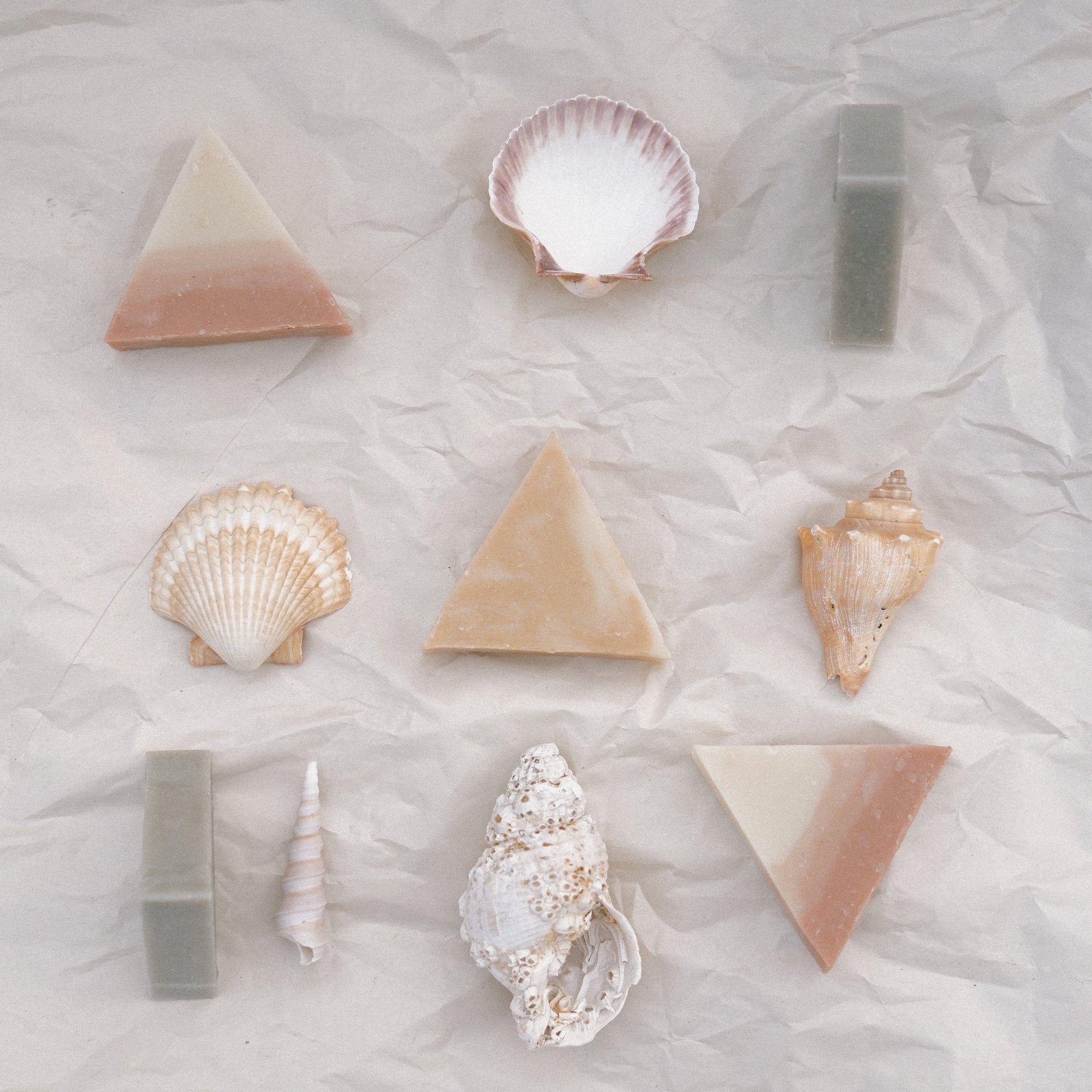 Five soaps and five seashells laid out in a square against white crinkled paper